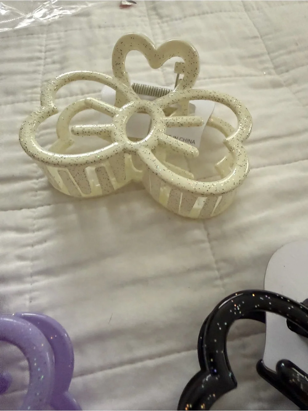 Sparkle Bow Hair Claw Clip Trio - Purple, Black, Cream